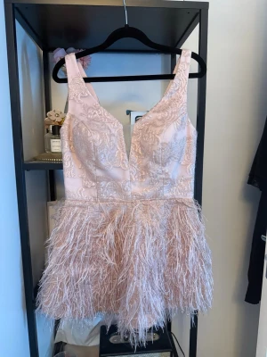 Ljusrosa kort klänning med fjädrar - Carnival klänning💞 Super söt skräddarsydd klänning. Avklippt längst nere syns ej vid andvänding! Sååå snygg och så härlig så hoppas den kan gå vidare till någon annan💞