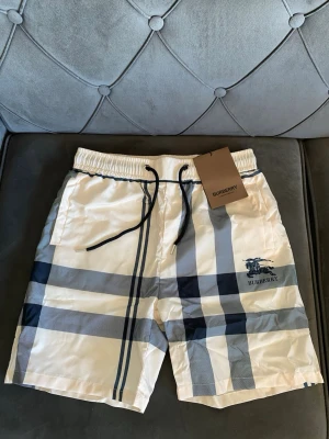 Rutig shorts från Burberry med snörning - Snygga rutiga shorts från Burberry i beige, svart och grå toner. Shortsen har elastisk midja med svart snörning och klassiskt Burberry-mönster. Tillverkade i ett glansigt syntetmaterial, perfekta för sommaren.