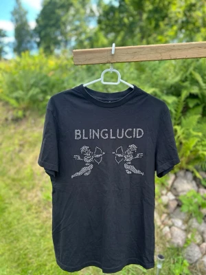 BlingLucid T-shirt - Säljer en svart t-shirt med texten BLINGLUCID och två änglar framtill, dekorerad med glittriga stenar. Klassisk passform och rund hals. Perfekt för dig som gillar statement-plagg och vill sticka ut lite extra.