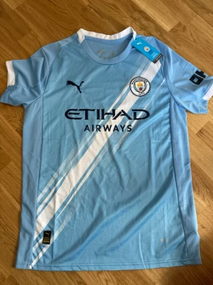 Manchester City matchtröja Puma - Snygg ljusblå Manchester City matchtröja från Puma med vita och mörkblå detaljer. Tröjan har klubbmärke och sponsortryck på bröstet, samt vita diagonala ränder framtill. Tillverkad i lätt och ventilerande material, perfekt för fotboll eller träning.