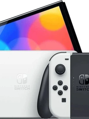Nintendo Switch OLED vit konsol - Säljer en Nintendo Switch OLED i vit färg med matchande Joy-Con-kontroller. Konsolen har en stor och färgstark OLED-skärm. (Kartongen finns kvar)