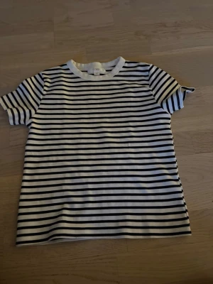 Randig t-shirt från Zara - Säljer en klassisk svartvit randig t-shirt från Zara. T-shirten har rund halsringning och korta ärmar. Tillverkad i mjuk bomull som känns skön mot huden. Perfekt för en enkel och stilren look.