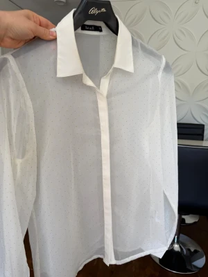Vit transparent blus med glitter - Stilren vit blus från Best Uni i transparent material med små diskreta glitter. Klassisk krage och knäppning framtill. Perfekt för lager-på-lager och att styla med olika accessoarer. Långärmad modell som ger en luftig och trendig look.