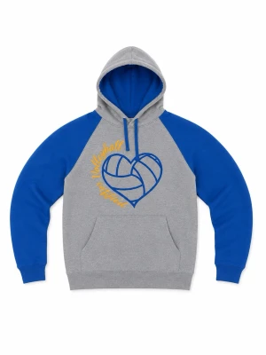 Grå och blå hoodie med volleybollhjärta - Snygg hoodie från Jerzees i grått med blå ärmar och huva. Tryck på bröstet med ett hjärta format som en volleyboll och texten 'Volleyball'. Känguruficka framtill och blå dragsko i huvan. Tillverkad i bomull och polyester.