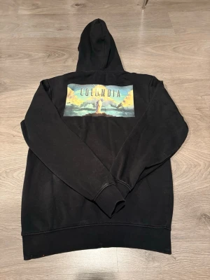 Svart hoodie med Columbia-tryck storlek XS - Svart hoodie med stor färgglad Columbia-logga på ryggen. Klassisk huva och ribbade muddar. Perfekt för dig som gillar film eller vill ha en unik streetwear-look.