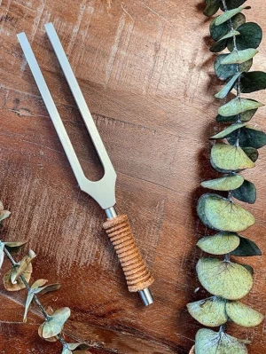 Meinl 428 hz terapi Stämgaffel med lindat handtag - Säljer en stämgaffel i metall med ett handtag lindat i brunt snöre. Perfekt för att stämma instrument eller för ljudterapi. Klassisk gaffelform och stilren design.