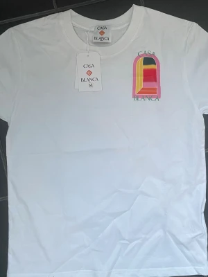 Vit Casa Blanca t-shirt med färgglatt tryck - Säljer en vit t-shirt från Casa Blanca med ett stort färgglatt grafiskt tryck i rosa, gul, grön, röd och orange på ryggen och mindre tryck på bröstet. T-shirten har rund hals och korta ärmar. Perfekt för dig som gillar statement-plagg och snygg design.