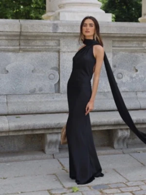 Balklänning  - INTRESSEKOLL - SKRIV GÄRNA FÖRST               Supersnygg svart långklänning med hög hals och dramatisk öppen rygg. Klänningen har en lång släpdetalj och figurnära passform som ger en lyxig siluett. Perfekt för dig som vill sticka ut på bal eller fest. Materialet ser ut att vara mjukt och följsamt. Aldrig använd!