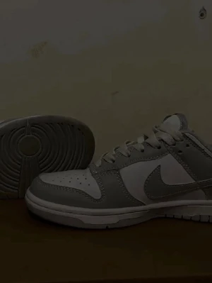 Nike Dunk Low vit/grå sneakers - Säljer ett par Nike Dunk Low sneakers i vitt och ljusgrått. Skorna har klassisk låg siluett, vit bas med gråa overlays och den ikoniska swoosh-loggan på sidan. Ovandelen är i läder och sulan är vit med grå yttersula. Perfekta för dig som gillar stilrena och tidlösa sneakers.