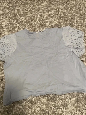 Ljusblå topp med spetsärmar - Söt ljusblå topp med korta ärmar i spets och broderade detaljer. Toppen har en avslappnad passform och rund halsringning. Perfekt för dig som gillar romantiska detaljer och en feminin stil.