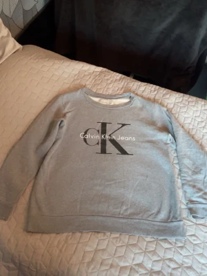 Grå sweatshirt från Calvin Klein Jeans - Snygg grå sweatshirt med stort CK-tryck och Calvin Klein Jeans-text på bröstet. Klassisk rund halsringning och långa ärmar. Perfekt för en avslappnad och trendig look. Storlek S
