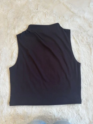 Svart ribbad polotopp från H&M xs  - Svart ärmlös polotopp från H&M i ribbad bomullsmix. Toppen har en hög hals och en tight passform som passar perfekt till jeans eller kjol. Enkel och stilren design som är lätt att matcha med olika outfits. om ni har någon fråga är det bara att skriva💕