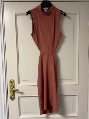 Rostfärgad ribbad ärmlös klänning - Säljer en snygg ribbad klänning i rostfärg med hög hals och ärmlös design. Klänningen har öppen rygg och en smickrande midjedetalj. Perfekt för dig som vill sticka ut med en unik look.