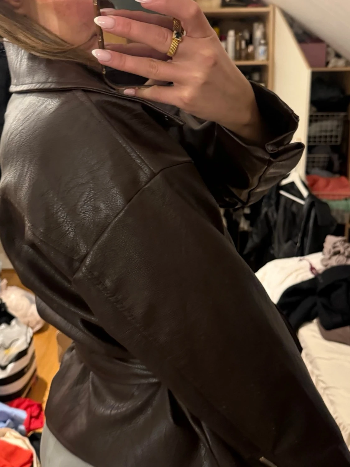 Brun oversized skinnjacka med bälte - 3