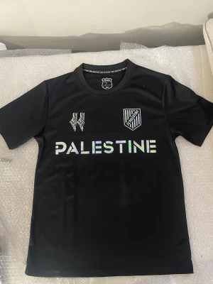Svart Palestine fotbollströja - Snygg svart fotbollströja med holografisk text 'PALESTINE' på bröstet, emblem på vänster sida och unikt tryck på höger sida. Tröjan har rund hals och korta ärmar, perfekt för träning eller match. Materialet är troligtvis polyester för sportig känsla.