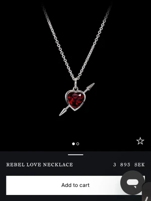 Maria Nilsdotter halsband  - Snyggt halsband med en silverfärgad kedja och ett hängsmycke i form av ett hjärta med röd sten. Hjärtat är genomborrat av en pil i metall, vilket ger en edgy och romantisk vibe. Perfekt accessoar för att sticka ut och visa din personliga stil.