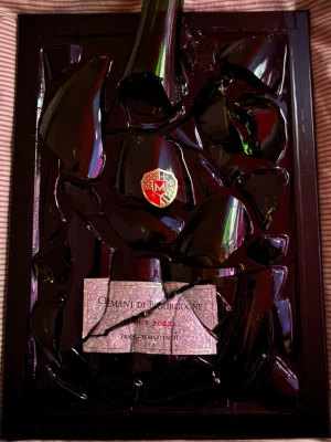 Konstverk av krossad vinflaska - Unikt konstverk med en krossad grön vinflaska monterad på svart bakgrund. Flaskan har etikett 'Crémant de Bourgogne Brut 2023' och ett färgglatt märke. Perfekt för dig som gillar ovanlig inredning eller samlarobjekt.