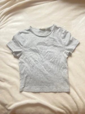 liten t-shirt  - Grå baby tee från gina tricot. Står strl M men tror det är barnstorlek egentligen (kommer inte ihåg). Den funkar iaf jättebra som en liten t shirt i vuxenstorlek:) förlåt att den ser så skrynklig ut lol jag kan stryka den innan jag skickar!