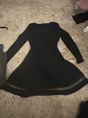 Svart långärmad klänning med meshdetalj - Säljer en svart långärmad klänning med rund hals och meshdetalj längst ner på kjolen. Klänningen har en utsvängd passform och är enkel men ändå stilren. 
