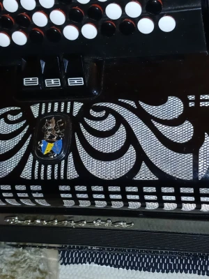 Svart knappdragspel Parrot - Säljer ett svart knappdragspel från Parrot med vit- och svartmönstrade knappar och dekorativa metallgaller. Snygg design med blanka ytor och detaljer i metall. Perfekt för dig som vill spela musik på ett klassiskt instrument.