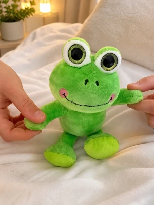 Söt grön groda gosedjur - Mjuk och gosig grön groda i plysch med stora, utstående ögon och rosa kinder. Perfekt som prydnad eller kramkompis. Grodan har ett glatt leende och är tillverkad i mjukt material som är skönt att hålla i.