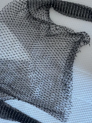 Svart mesh topp med pärlor - Säljer en svart mesh topp med långa ärmar och pärldetaljer. Toppen är transparent och croppad, perfekt att styla över ett linne eller bh. Nätmaterialet ger en edgy vibe och pärlorna gör den extra unik.