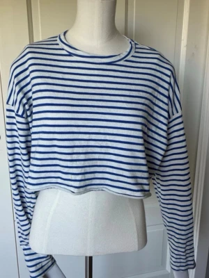 Blåvit randig cropped långärmad topp - Säljer en blåvit randig cropped topp med långa ärmar och rund hals. Tröjan har en avslappnad passform och är gjord i ett mjukt, tunt material. Den har en pytteliten fläck på nedre ryggen men knappt syns. Säljer pga att den inte används💓