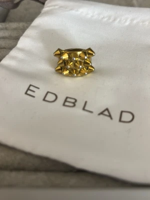 Guldfärgad ring med nitar från Edblad - Cool och trendig guldfärgad ring från Edblad med fyrkantig form och flera små nitar på ovansidan. Ringen har en chunky design som verkligen sticker ut och passar perfekt för dig som gillar statement-smycken.