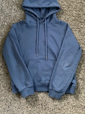 Blå hoodie från RYVLS med ficka - Säljer en blå hoodie från RYVLS med stor känguruficka framtill och justerbar huva med dragsko. Hoodien har ribbade muddar vid ärmslut och nederkant. Perfekt för dig som gillar en enkel och stilren look.