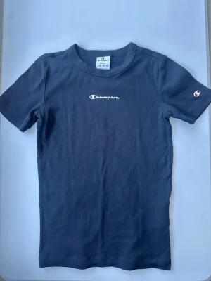 Mörkblå Champion t-shirt - Snygg mörkblå t-shirt från Champion med klassisk logga broderad i vitt på bröstet och liten logga på ärmen. T-shirten har rund hals och är tillverkad i mjuk bomull, perfekt för en avslappnad och sportig stil.