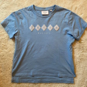 Blå Juicy Couture t-shirt - Säljer en ljusblå t-shirt från Juicy Couture med tryck framtill. T-shirten har rund halsringning och korta ärmar🩵🩵.