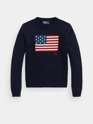 Mörkblå stickad tröja Polo Ralph Lauren - Mörkblå stickad tröja från Polo Ralph Lauren med amerikansk flagga i rött, vitt och blått på bröstet samt RL-broderi. Tröjan har rund halsringning, ribbstickade muddar och nederkant. Perfekt för dig som gillar klassisk preppy stil.