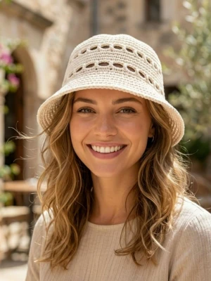 Vit virkad bucket hat i bomull - Snygg vit bucket hat i virkad stil med hålmönster. Hatten har en avslappnad form och bred skärm som ger skön sommarkänsla. Perfekt accessoar för att lyfta din outfit med en trendig touch. Omkrets 56-60 cm