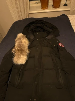 Svart dunjacka från Canada Goose - Säljer en svart dunjacka från Canada Goose med avtagbar huva och äkta pälsdetalj. Jackan har två stora fickor framtill och klassisk Canada Goose-logga på ärmen. Perfekt för kalla vinterdagar och riktigt varm.