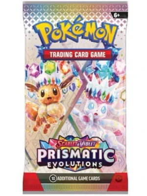 Pokémon Prismatic Evolutions booster - 1 förpackning för 100kr. 5 förpackningar för 449kr. Boosterpack med 10 samlarkort från Pokémon Scarlet & Violet Prismatic Evolutions. Färgglad förpackning med Eevee och Glaceon i prisma-stil på framsidan. Perfekt för dig som vill utöka din Pokémonkort-samling eller jaga nya kort till spelet.   Replika