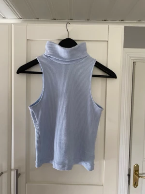 Ljusblå ribbad polotopp Bik Bok - Säljer en ljusblå ärmlös polotopp från Bik Bok. Toppen är ribbad och har en hög polokrage, perfekt för att styla lager på lager. Materialet är mjukt och stretchigt för en bekväm passform.