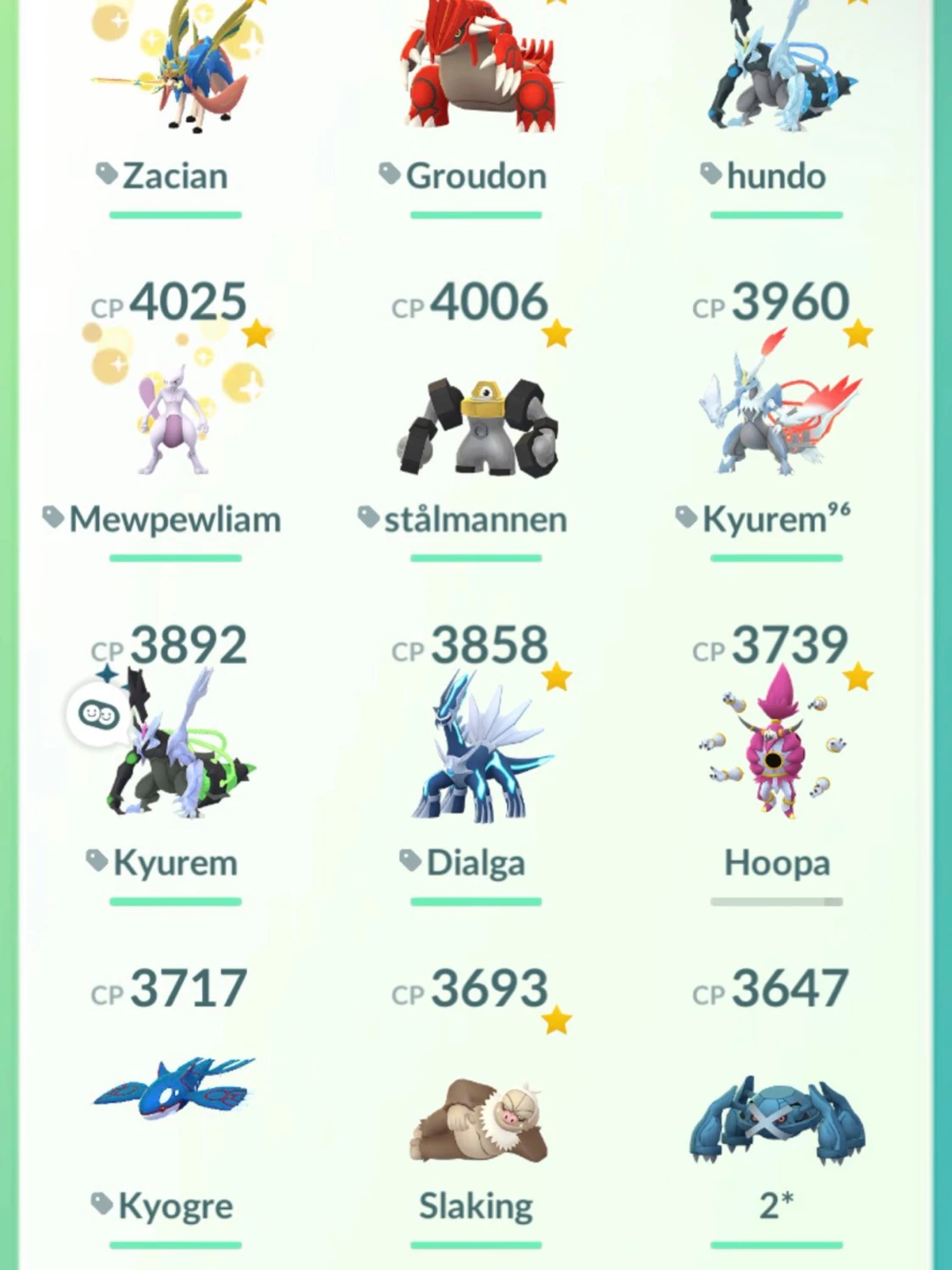 Pokémon GO spelkonto med legendarer