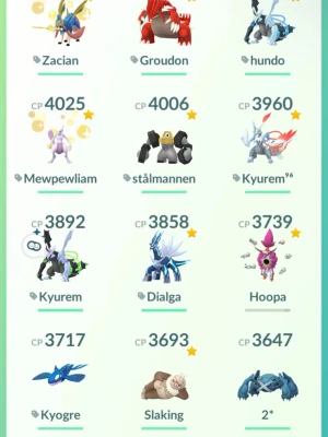 Pokémon GO spelkonto med legendarer - Säljer ett Pokémon GO-konto med flera legendariska och mytiska Pokémon som Zacian, Groudon, Kyurem, Dialga, Kyogre och Hoopa. Kontot har höga CP och många sällsynta Pokémon. Perfekt för dig som vill dominera raids och gym! Digital leverans.
