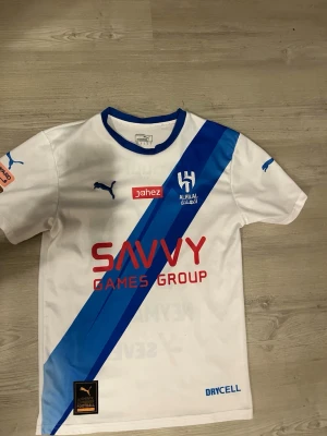 Al Hilal Neymar Jr. matchtröja Puma - Snygg vit Al Hilal matchtröja från Puma med blå diagonal rand, Neymar Jr. och nummer 10 på ryggen. Tröjan har flera sponsorloggor, blå detaljer och är tillverkad i ett lätt funktionsmaterial med DryCell-teknologi. Perfekt för fotbollsträning eller att bära till vardags.