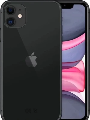 Svart iPhone 11 med dubbla kameror - Snygg svart iPhone 11 med rundade hörn och glasbaksida. Telefonen har två kameror på baksidan och en stor skärm med tunn ram. Klassisk Apple-design med loggan centrerad på baksidan. Perfekt för dig som gillar stilren och modern teknik.