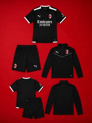 AC Milan svart träningsset Puma - Snyggt svart träningsset från Puma för AC Milan med klubbmärke och sponsortryck. Setet innehåller t-shirt, shorts och långärmad träningströja med dragkedja. Vita detaljer på ärmar och krage. Perfekt för fotbollsträning eller gymmet.