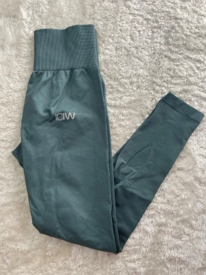 Blågröna seamless leggings från ICANIWILL - Säljer ett par blågröna seamless leggings från ICANIWILL med ribbad linning. Materialet är stretchigt och följsamt, perfekt för träning eller chill. Diskret logga framtill. Snygg passform som framhäver benen.