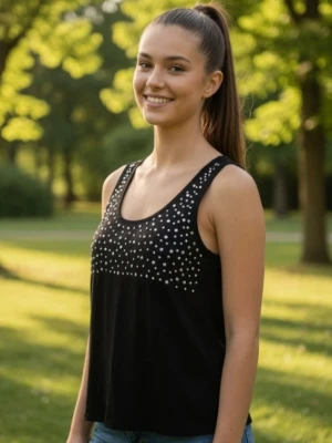 Svart topp / linne med nitar i silver från Gina Tricot. Strlk 34 / XS. Mjuk bomull/viskos. Felfri. - Svart topp / linne med nitar i silver från Gina Tricot. Strlk 34 / XS. Mjuk bomull/viskos. Felfri.