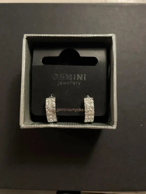 Silverfärgade hoops från Gemini - Snygga silverfärgade hoops från Gemini med glittrande stenar på framsidan. Örhängena har en klassisk rund form och är täckta av små, gnistrande kristaller som ger en lyxig känsla.