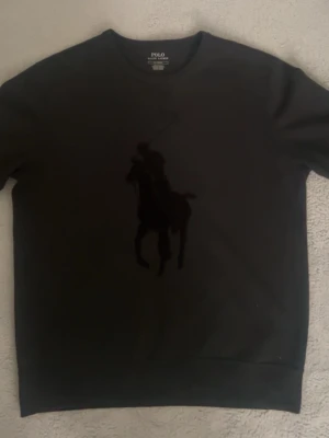 Svart sweatshirt från Polo Ralph Lauren - Snygg svart sweatshirt från Polo Ralph Lauren med stor sammetsapplikation av den klassiska polospelaren på bröstet. Tröjan har rund halsringning och ribbade muddar vid ärmslut och nederkant. Perfekt för en stilren och avslappnad look.