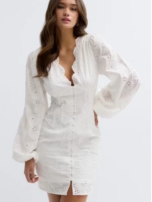Embroided mini dress - Säljer en superfin vit kort klänning med broderade spetsdetaljer och knappar framtill. Klänningen har v-ringad hals, långa puffärmar och en figurnära passform. Perfekt för sommarens alla tillfällen! Endast använd vid ett tillfälle, slutsåld från Gina tricot!