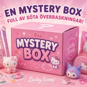 Mystery Box med söta överraskningar - En rosa Mystery Box fylld med kawaii-prylar från min egna Lucky Scoop Shop. Innehåller bland annat Hello Kitty-figurer, stationärset, washitejp, nagelfilar, klistermärken, små accessoarer, godsedjur. Perfekt för dig som älskar söta och färgglada saker! Alla boxar innehåller ca 13-18 grejer. Att önska färger eller önska att inte få med vissa grejer går jätte bra (obs du får ej en box som ser ut som på bilden)