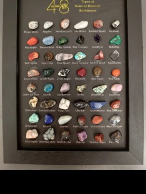 Samling av 40 mineralexemplar i ram - En snygg samling med 40 olika mineralexemplar, snyggt uppställda i en svart ram. Varje sten är märkt med sitt namn, t.ex. ametist, tigeröga och rosenkvarts. Perfekt för dig som gillar geologi eller vill ha en dekorativ och lärorik tavla till rummet.