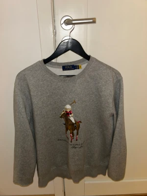 Grå sweatshirt från Polo Ralph Lauren - Säljer en grå sweatshirt från Polo Ralph Lauren med ett broderat motiv av en björn som spelar polo på häst på bröstet. Tröjan har rund halsringning, långa ärmar och mjukt material i bomullsblandning. Klassisk och stilren design med ribbade muddar.