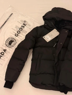 Svart jacka från Canada Goose - Säljer en svart dunjacka från Canada Goose med huva och klassisk logotyp på ärmen. Jackan har dragkedja, knappar och är riktigt tjock och varm. Perfekt för kalla vinterdagar och har en stilren, tidlös design. Pris kan diskuteras vid snabb affär! 
